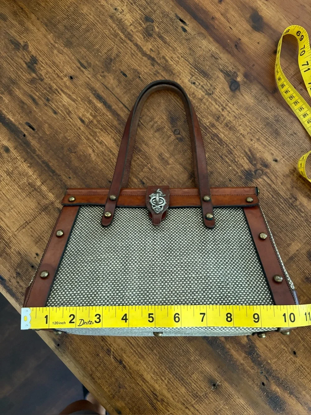 VTG 1969 John Romain Tweed Leather Satchel Tote Bag Casual Corner Clasp Academia